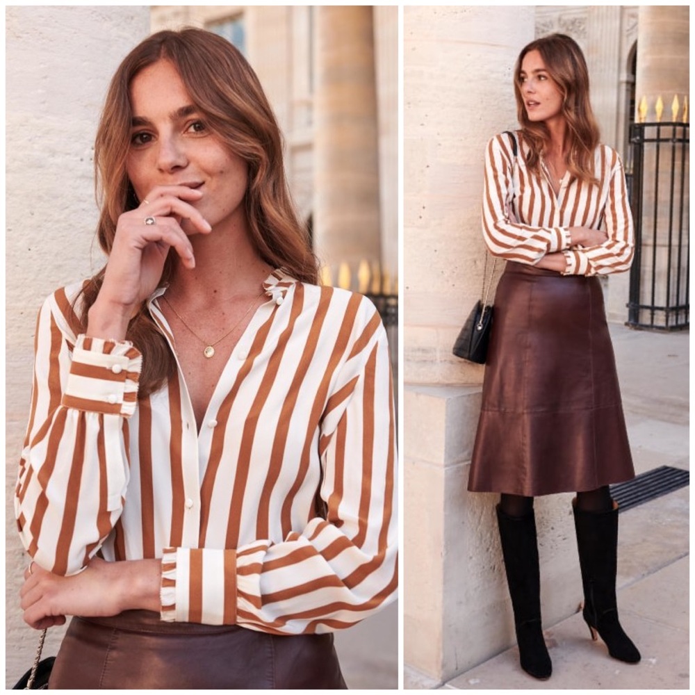 Sézane Cuzco 100% Silk Striped Long Sleeve Shirt